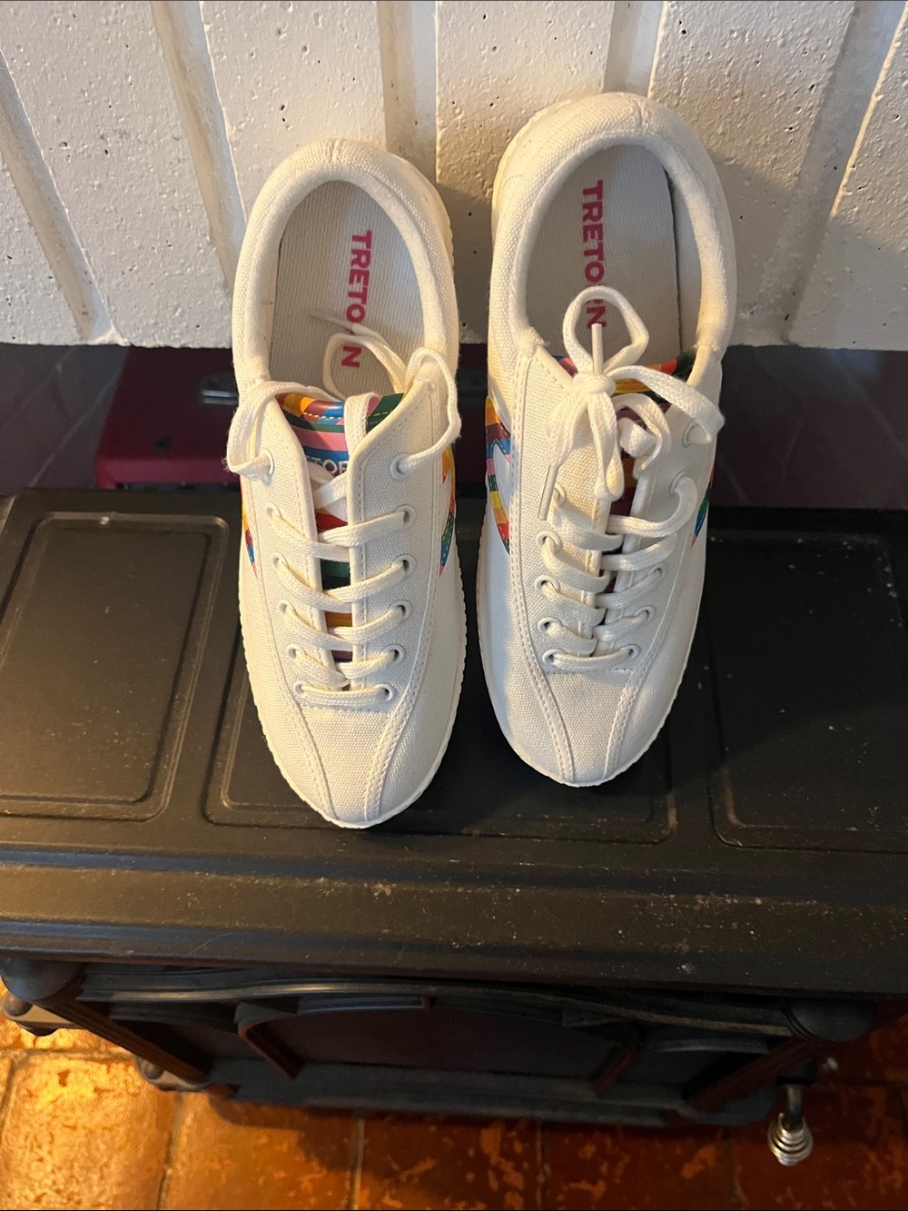 Tretorn White Canvas Sneakers with Rainbow Stripe Accent